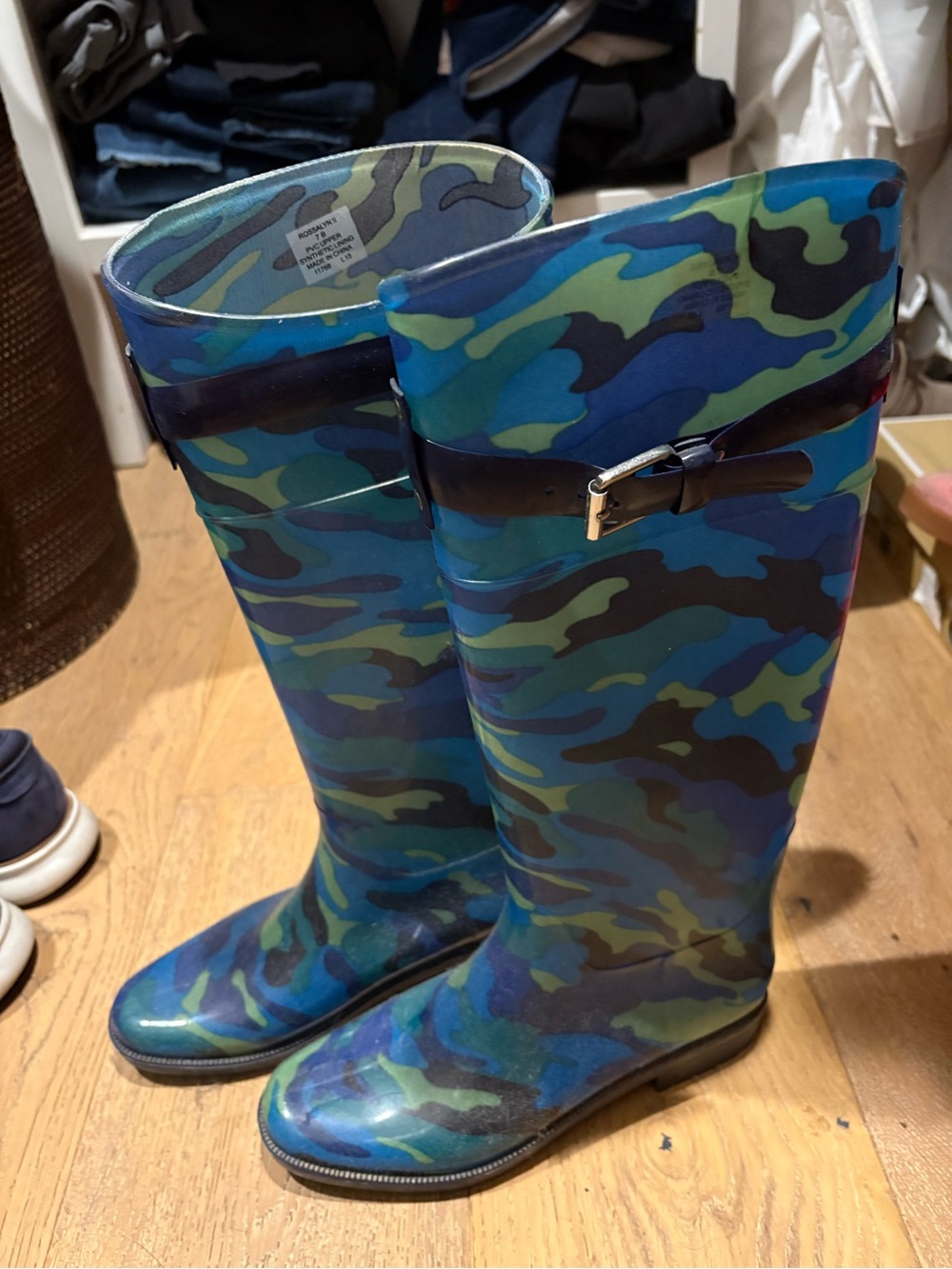 Ralph Lauren Blue Green Camo Tall Rain Boots with Buckle